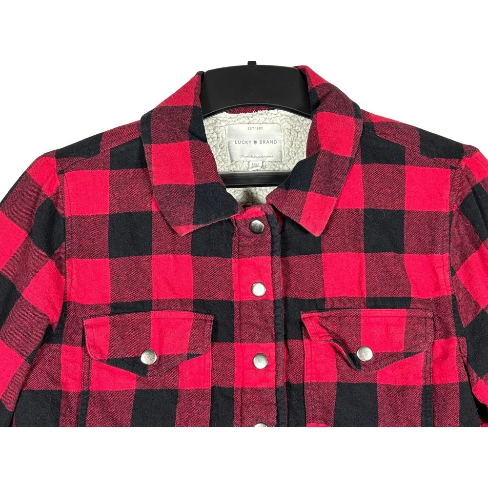 Lucky Brand Red Black Buffalo Plaid Sherpa Lined Shirt Jacket Shacket Mens M‎